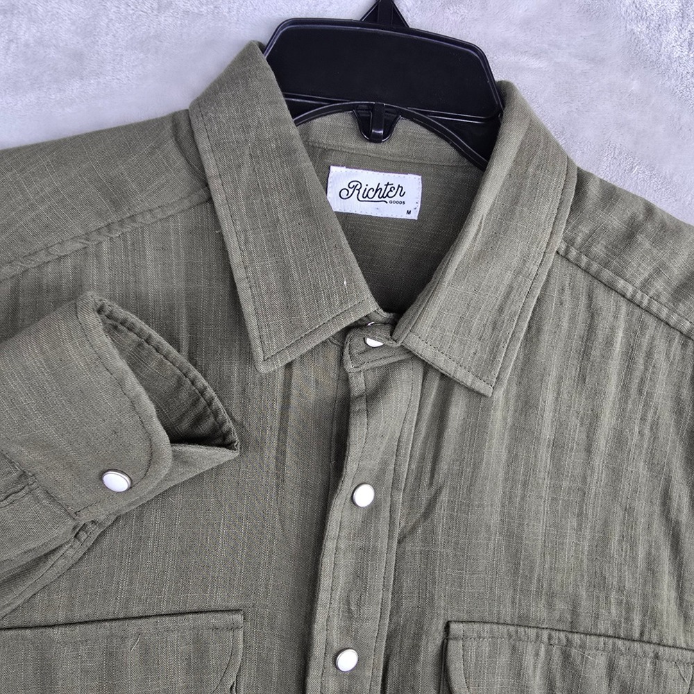Richter Goods Mens Western Pearl‎ Snap Olive Gree Shirt Long Sleeve Pockets